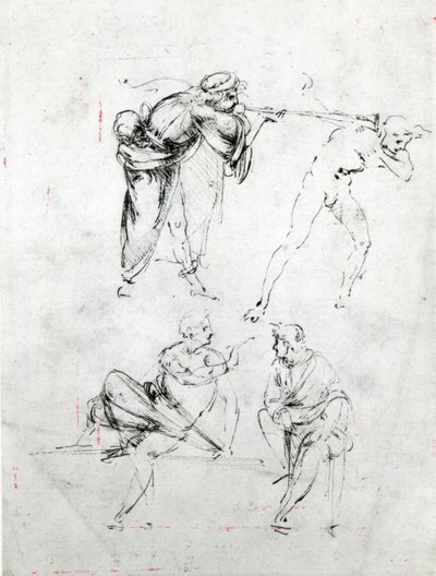 Estudio de un hombre soplando una trompeta en el oído de otro, y dos figuras conversando, c.1480-82 de Leonardo da Vinci